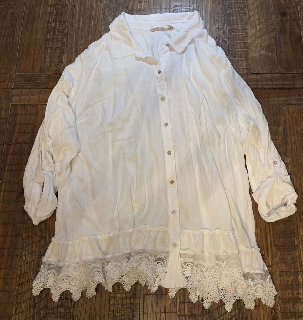 Soft Surroundings Romantique Button-up Top 3X Boho Shabby Chic Decorative Trim
